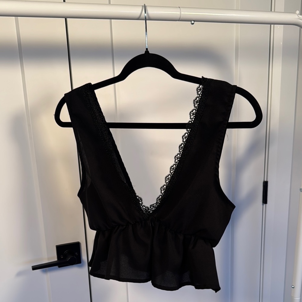 Zaful Black Peplum Top with Lace Trim